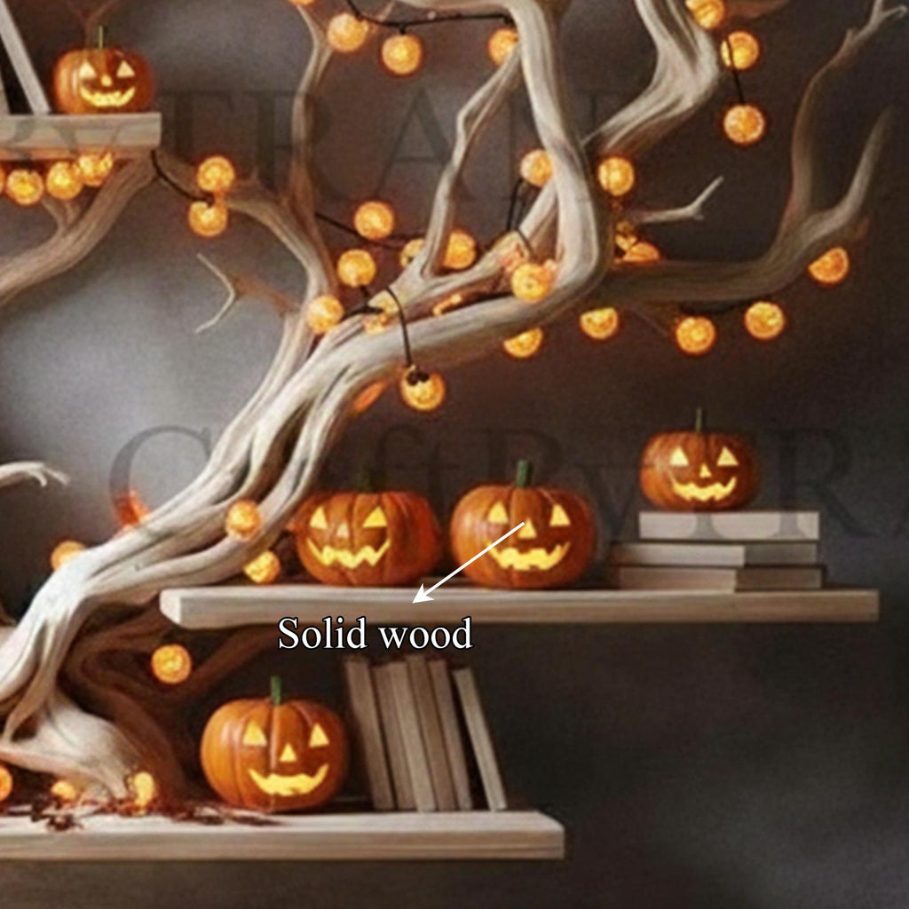 Rustic Tree Branch Bookshelf, Wall-Mounted Wooden Floating Shelf, Spooky Halloween & Gothic Wall Display
