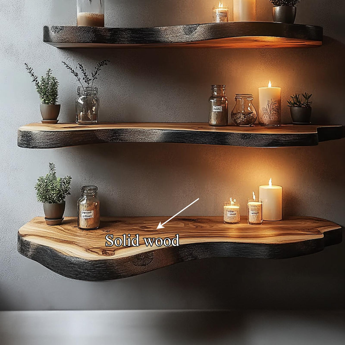Rustic Floating Wood Shelf, Boho Chic Wall Mounted Hanging Storage Display Ledge for Plants & Books, Living Room, Bedroom