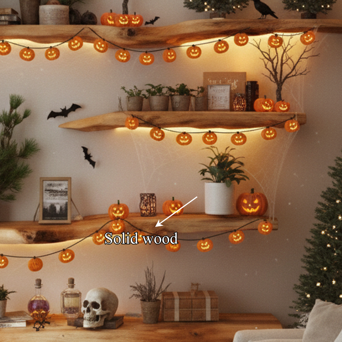 Rustic Floating Wall Shelves, Tree Branch Wooden Hanging Display Shelves, Gothic Spooky Living Room Decor