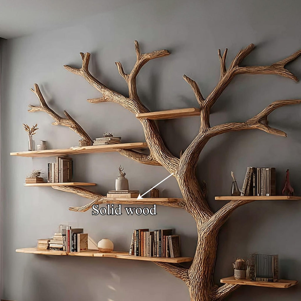 Rustic Artistic Tree Shelf, Solid Wood Wall Mounted Bookcase & Statement Wall Decor Organizer for Living Room & Study