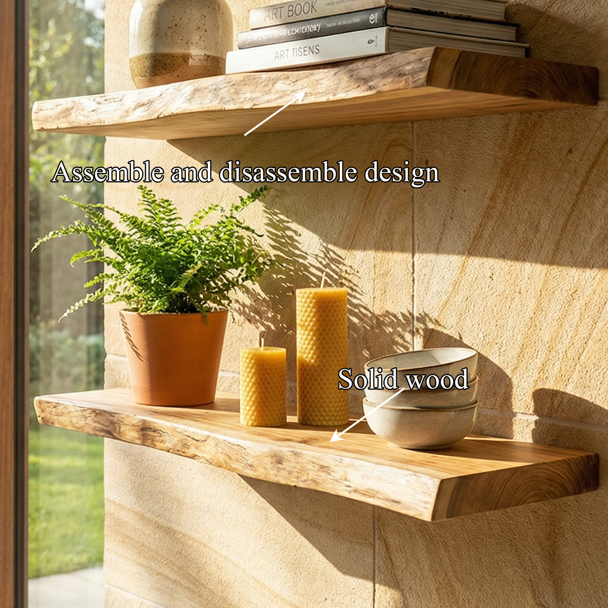 Modern Natural Oak Floating Wall Shelves, Minimalist Solid Wood Display Ledges for Bedroom, Living Room & Plants
