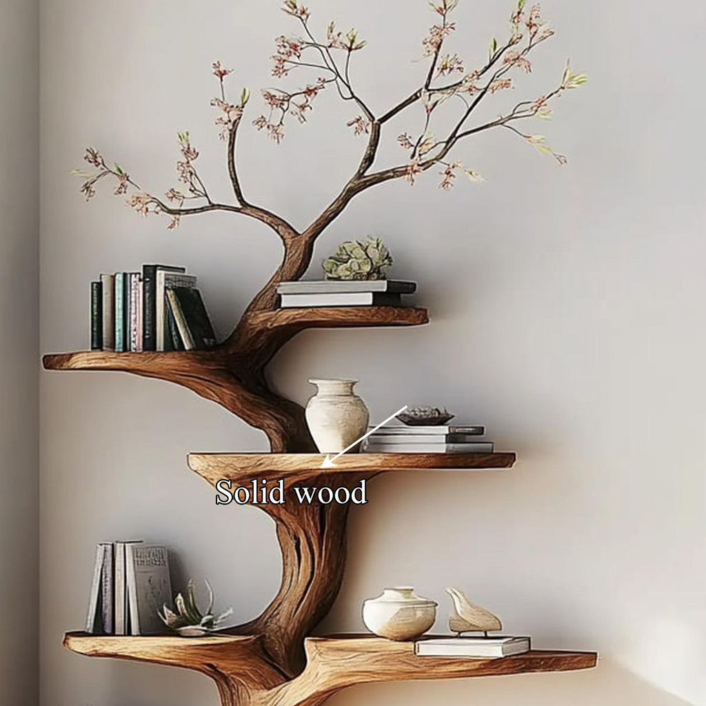 Rustic Statement Tree Shaped Shelf, Handcrafted Wood Branch Bookshelf & Artistic Wall Display for Living Room