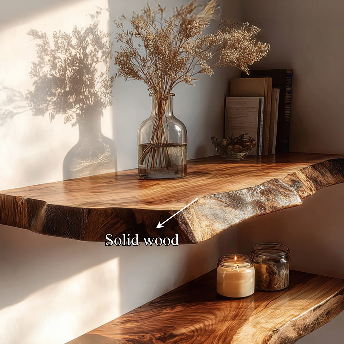 Rustic Solid Wood Floating Shelf, Wall Mounted Bookshelf & Decorative Display Storage Organizer for Study, Reading Room
