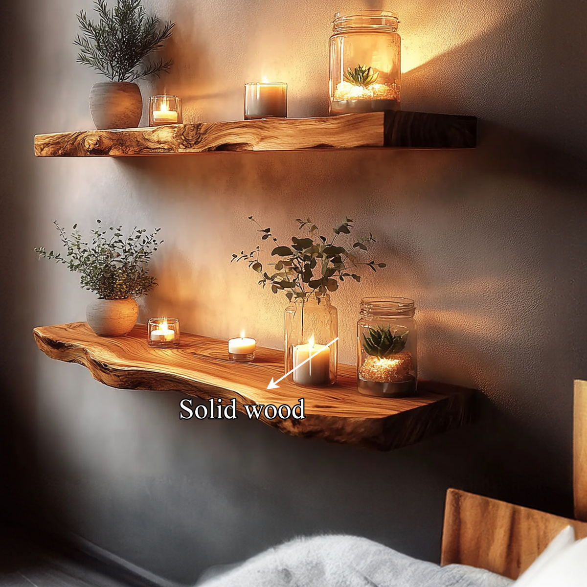 Rustic Solid Wood Floating Shelf, Warm Natural Wall Mounted Display Ledge for Decorative Accents, Living Room, Office