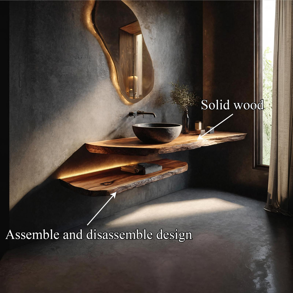Sculptural Rustic Bathroom Vanity Live Edge Wood Floating Console SINLKIBRV254
