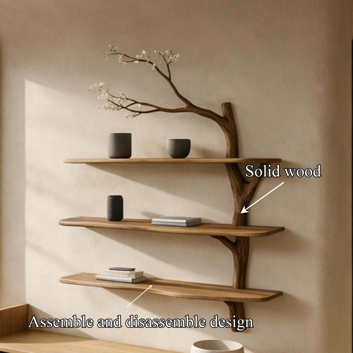 Rustic Tree Branch Wall Shelf, Sculptural Floating Solid Wood Shelves for Living Room & Bedroom, Natural Decor Accent