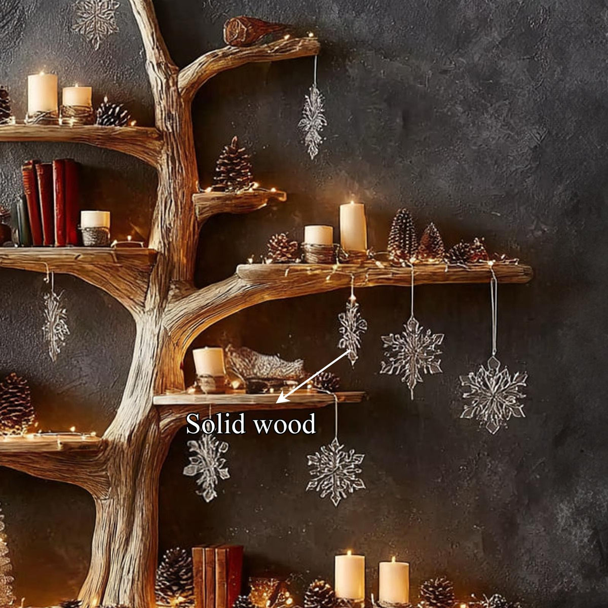 Rustic Tree Bookshelf Winter Living Room