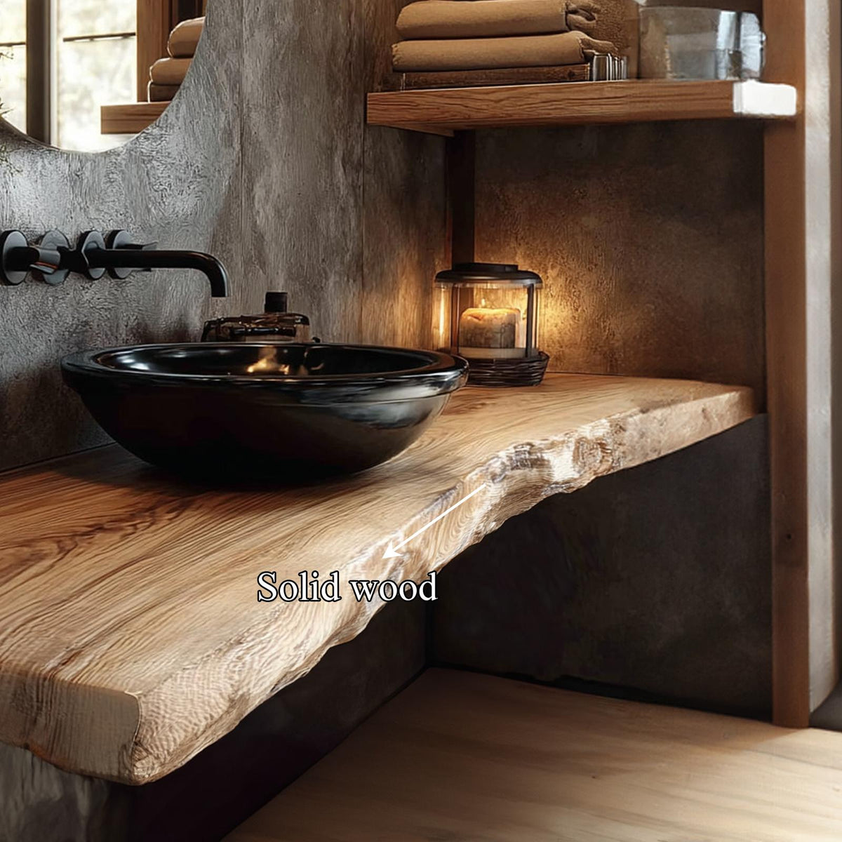 Mid-Century Floating Shelf, Natural Edge Solid Wood Bathroom Vanity Countertop, Single Sink Shelf Console