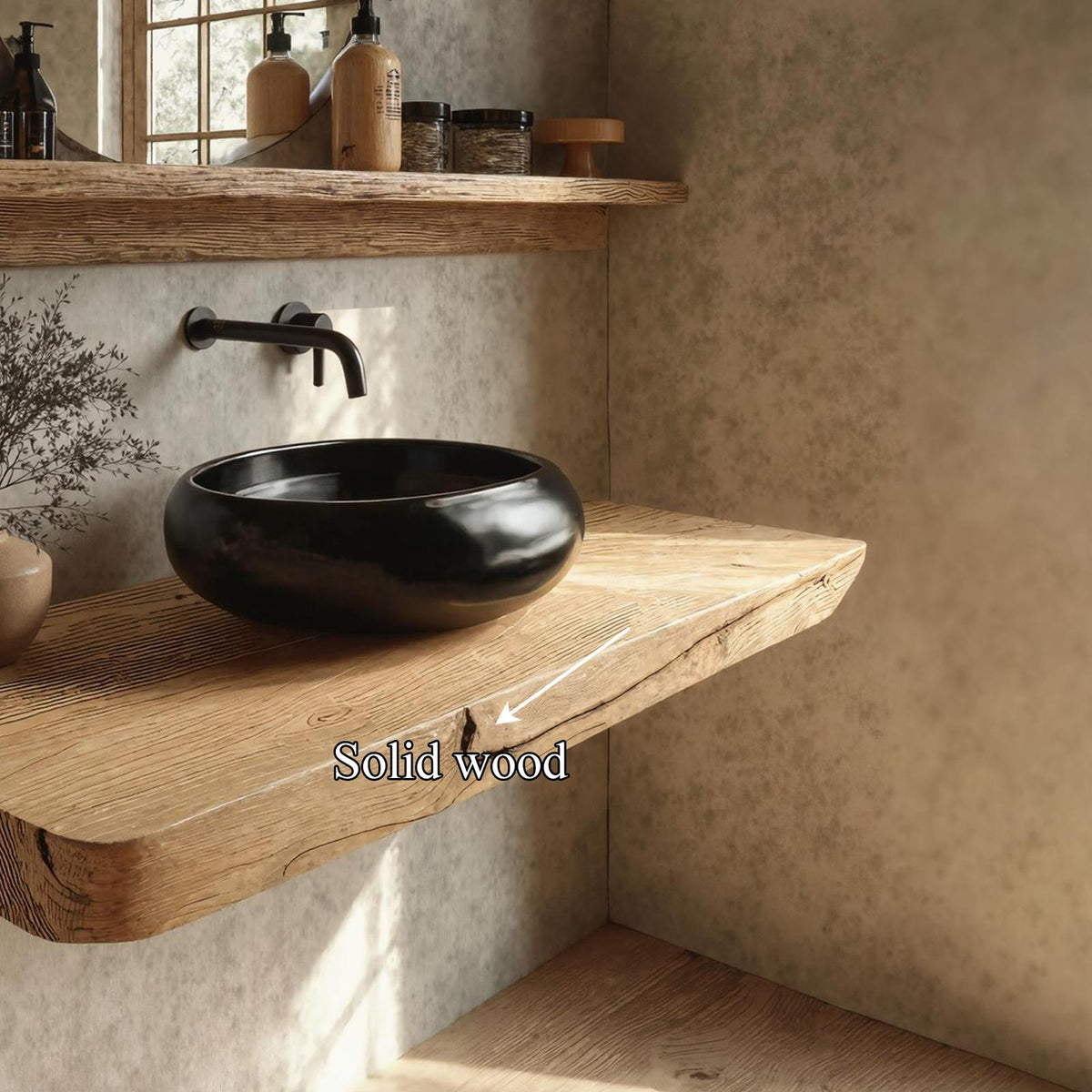 Rustic Floating Shelf, Natural Live Edge Solid Wood Bathroom Vanity Countertop, Single Sink Console Shelf