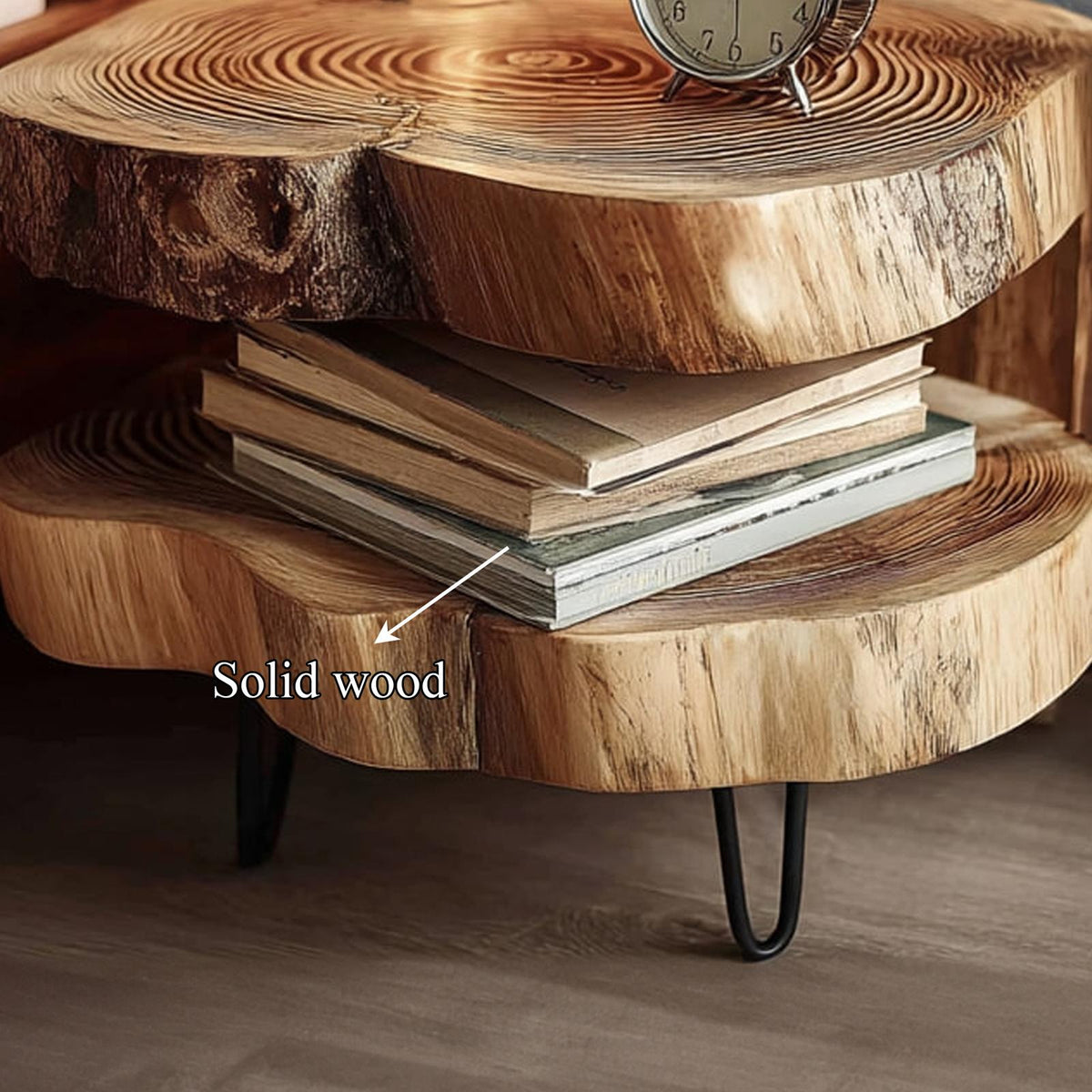 Rustic Solid Wood Bedside Table, Handcrafted Natural Wood Nightstand for Bedroom, Accent End Table with Metal Legs