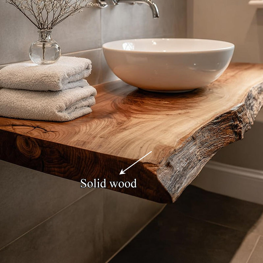 Teezano Rustic Live Edge Floating Shelf, Washroom Natural Solid Wood Wall Mounted Storage Shelf, Model SINLKIBRV165