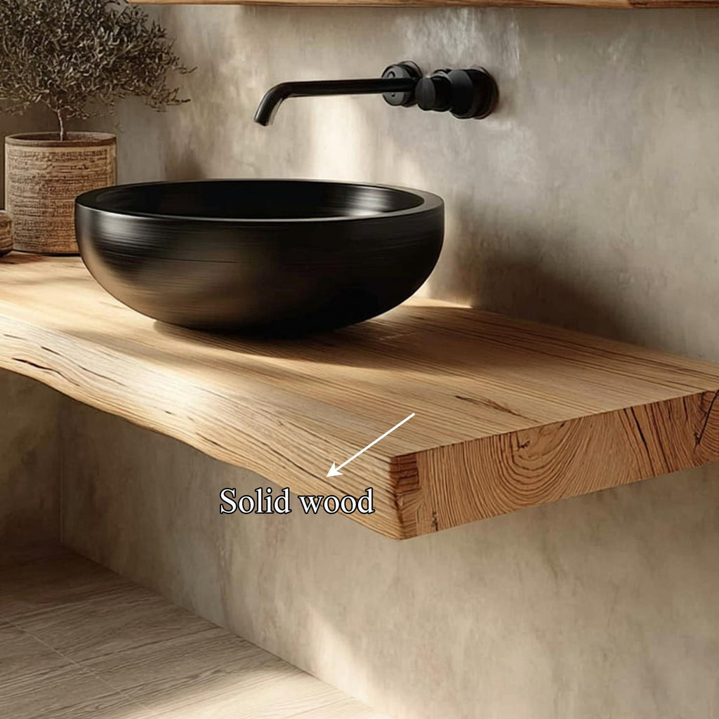 Mid-Century Floating Shelf, Natural Edge Solid Wood Bathroom Vanity, Single Sink Washroom Wood Countertop