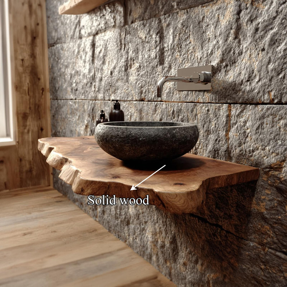 Teezano Rustic Live Edge Wood Floating Shelf, Washroom Vanity Natural Solid Wood Wall Mounted Shelf, Model SINLKIBRV171