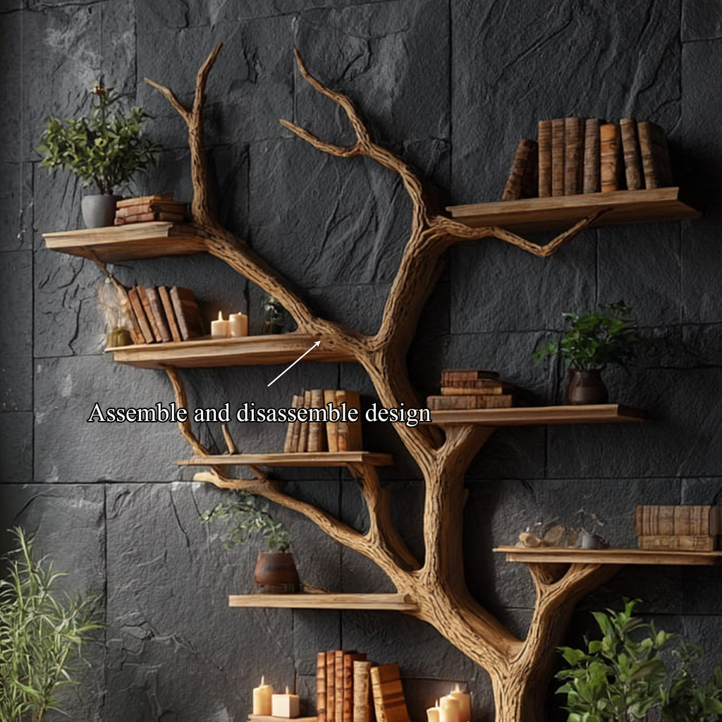Rustic Tree Wall Shelf, Solid Wood Floating Bookcase & Creative Branch Hanging Organizer for Home Library & Study