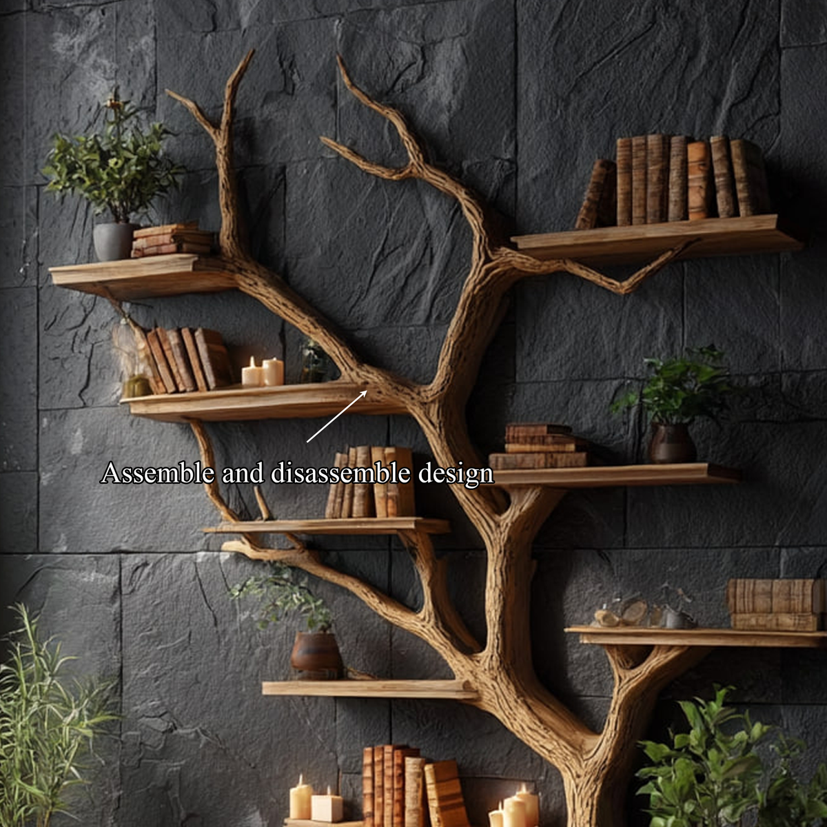 Rustic Tree Wall Shelf, Solid Wood Floating Bookcase & Creative Branch Hanging Organizer for Home Library & Study