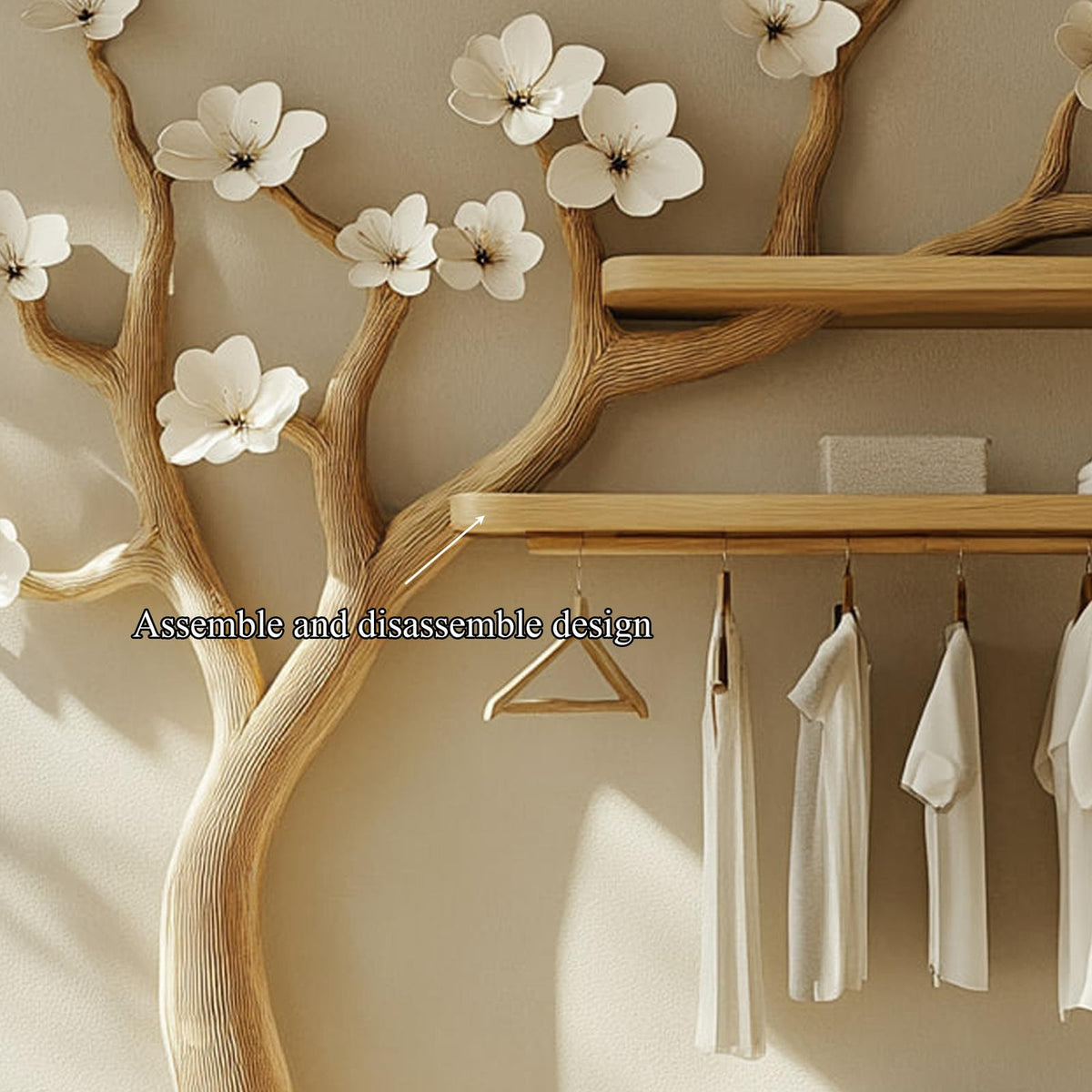 Scandinavian Wooden Tree Wardrobe Rack, Solid Wood Coat Stand & Clothes Garment Hanging Rack for Bedroom Organizer