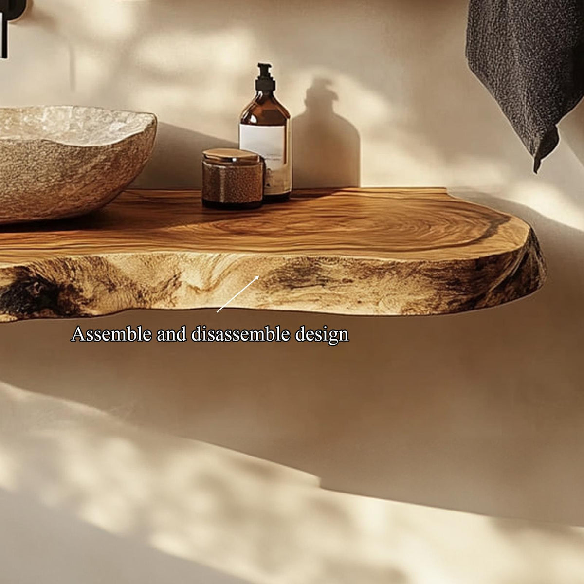 Spry Interior Floating Bathroom Vanity Shelf, Rustic Natural Solid Wood Single Washstand, Wall Mounted Farmhouse Bathroom Storage SINLKIBRV214