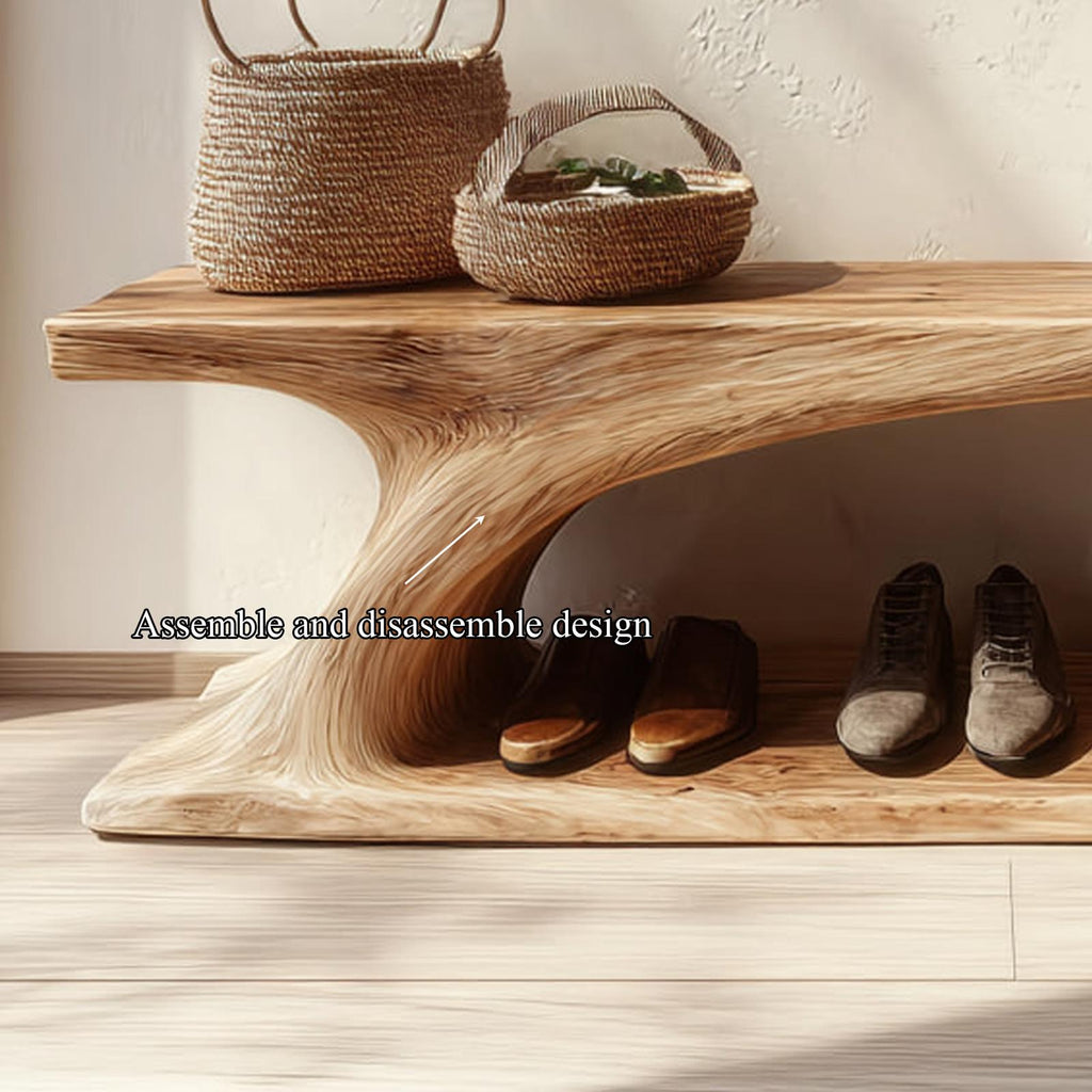 Rustic Organic Form Wooden Shoe Storage Bench, Live Edge Entryway Bench Seat for Mudroom & Porch