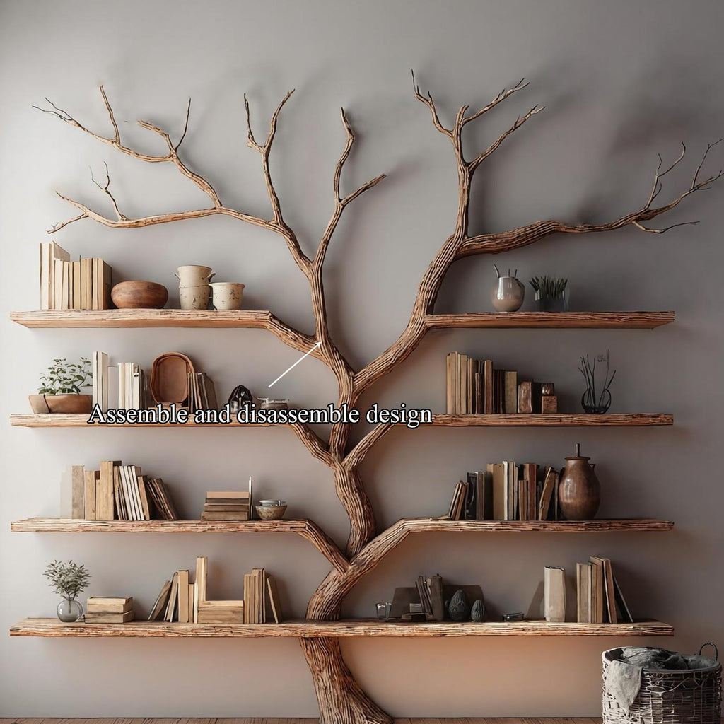 Rustic Tree Bookshelf, Handcrafted Solid Wood Wall Mounted Bookcase & Large Floating Display Shelf for Living Room Decor