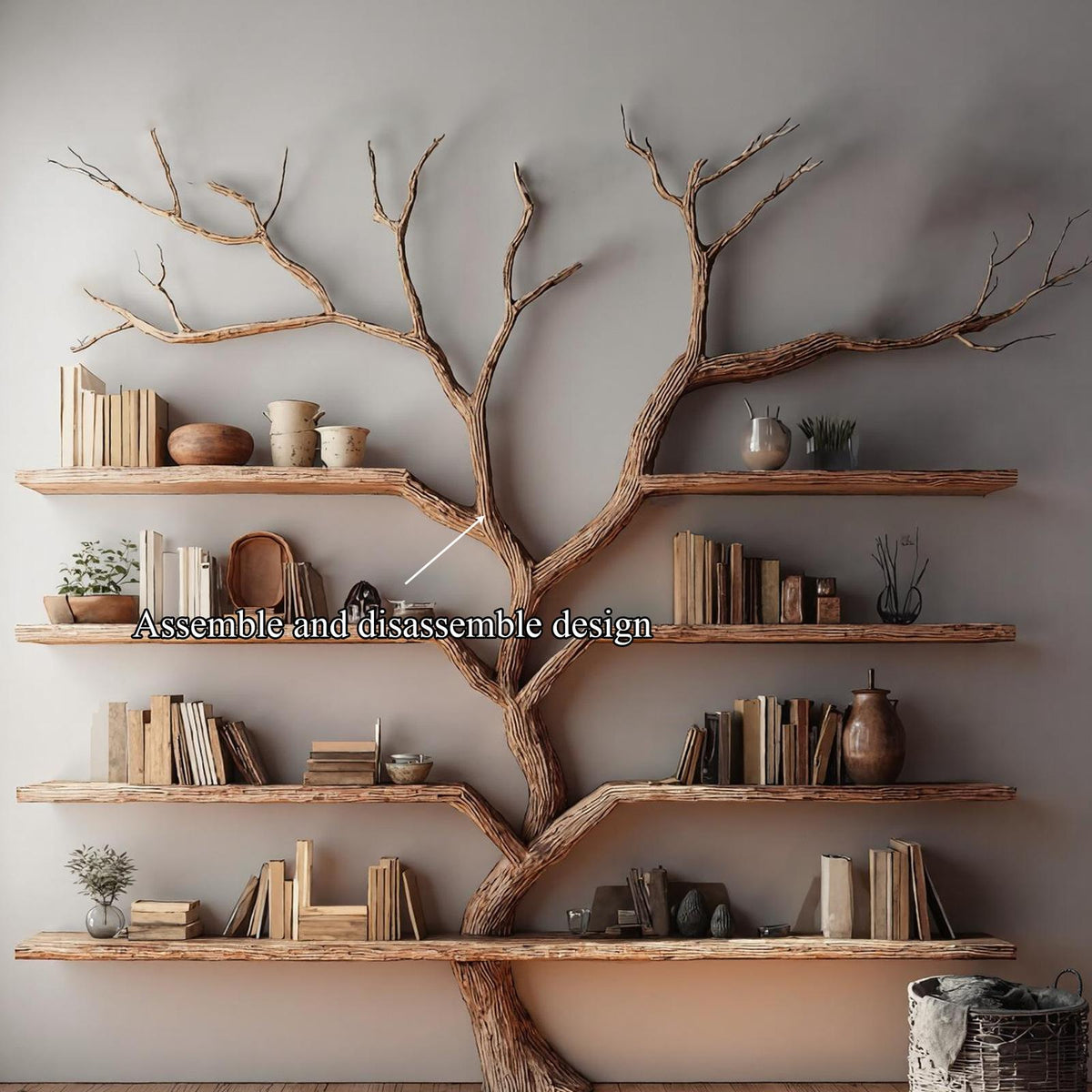 Rustic Tree Bookshelf, Handcrafted Solid Wood Wall Mounted Bookcase & Large Floating Display Shelf for Living Room Decor