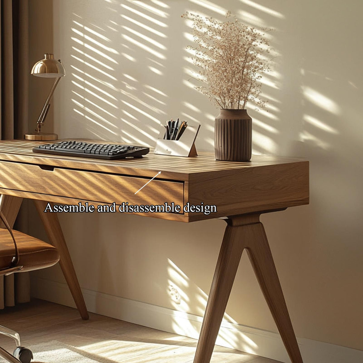 Contemporary Linear Work Desk, Solid Wood Minimalist Computer Writing Table for Home Office, Bedroom Study Desk