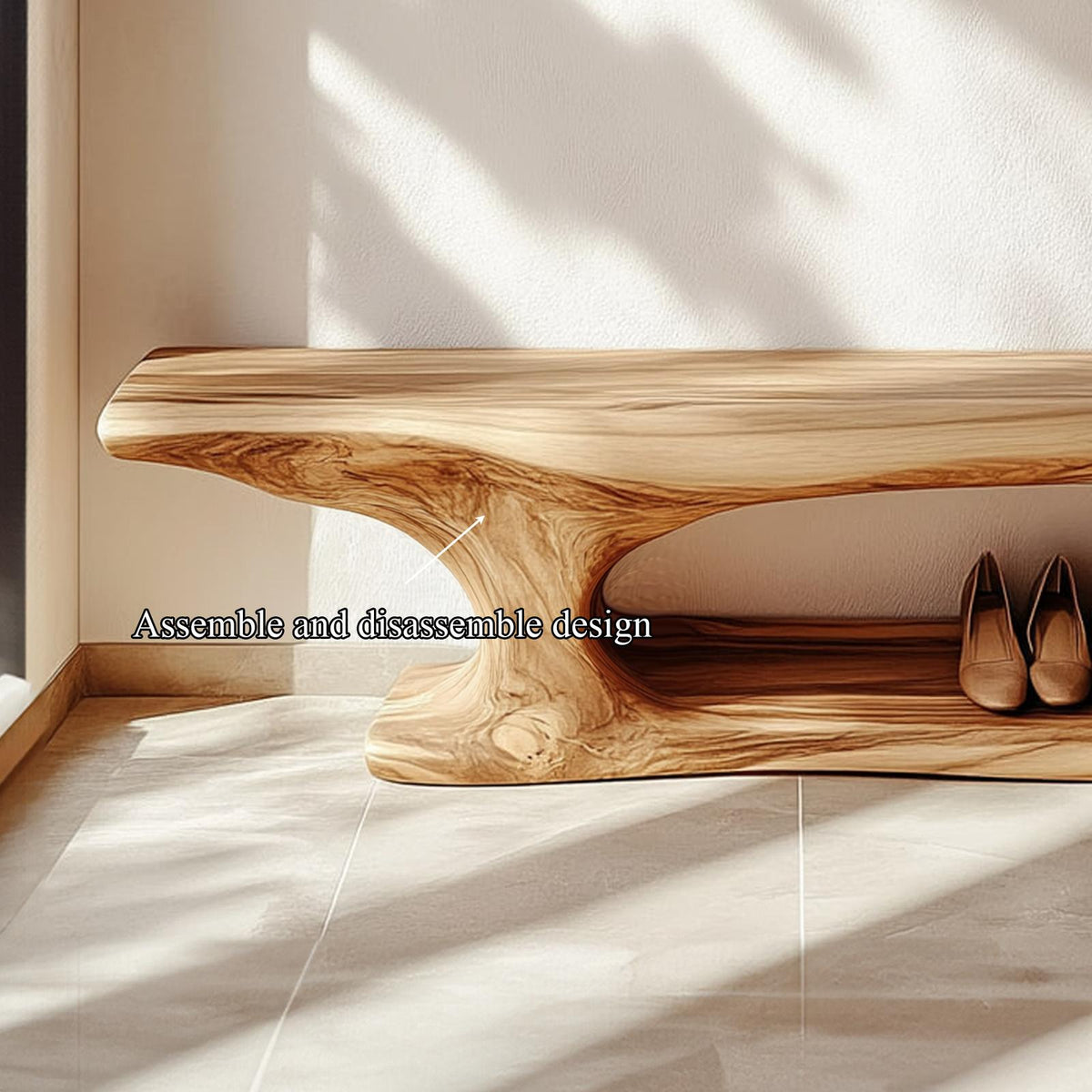 Mid Century Solid Wood Shoe Organizer Bench, Low Profile Entryway Storage Seat for Hallway & Mudroom
