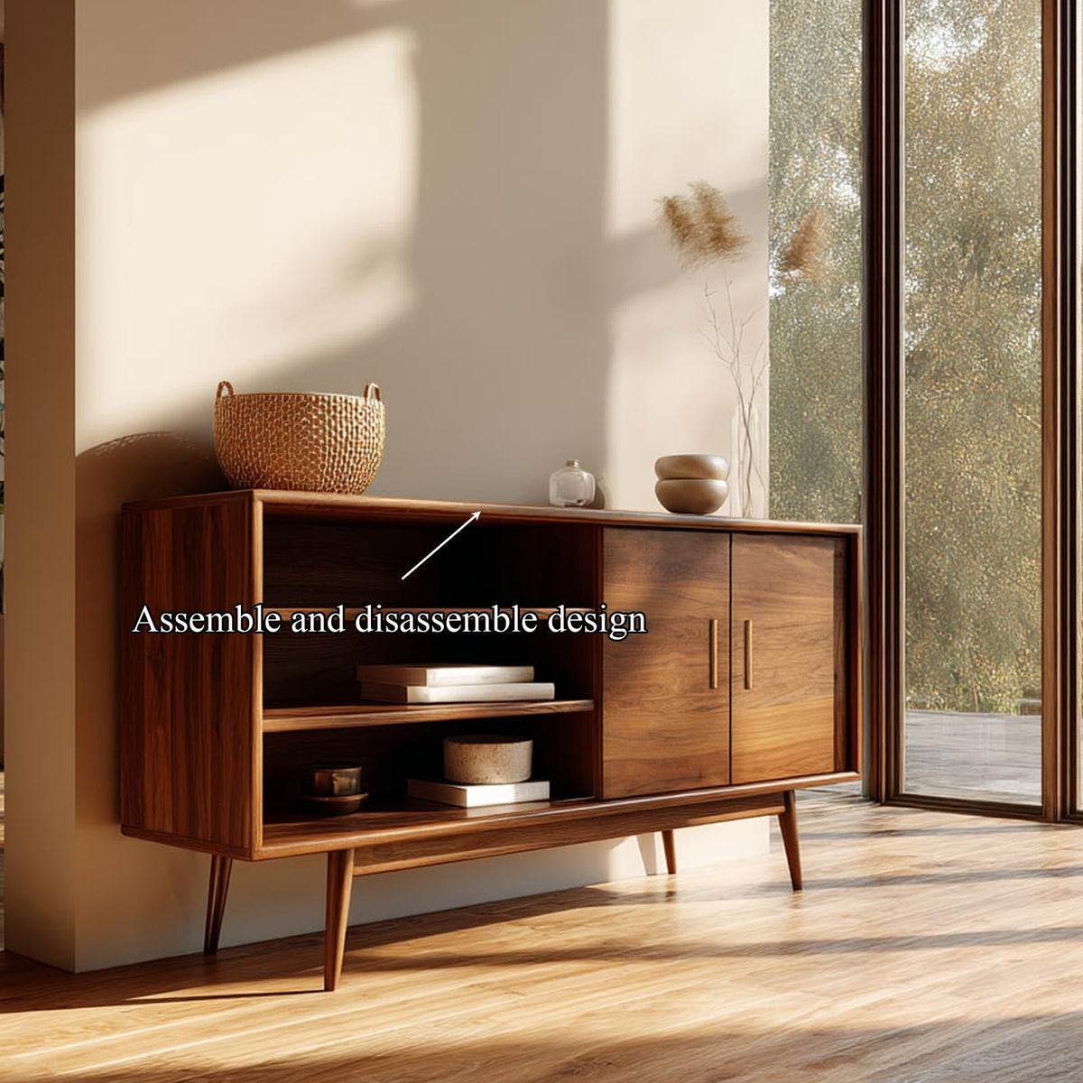 Spry Interior Mid Century Modern Wooden Display Cabinet, Glass Door Bookcase Storage Credenza for Living Room, Model SINLKISC252