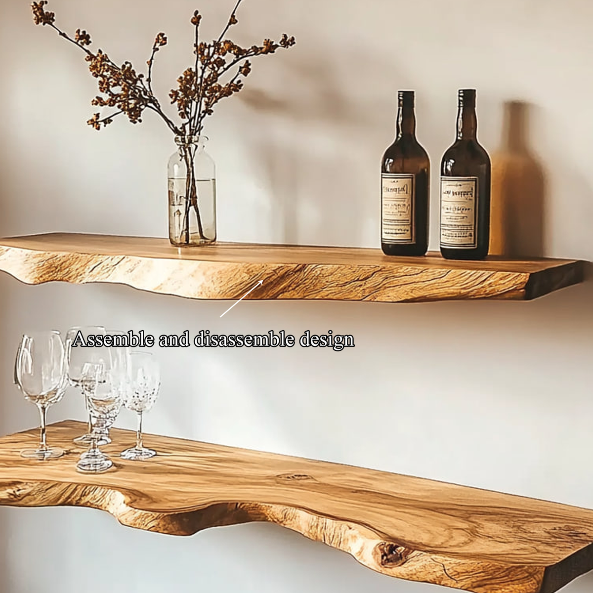Rustic Solid Wood Floating Shelf with Live Edge Design, Wall Mounted Tableware Display & Kitchen Spice Organizer Ledge