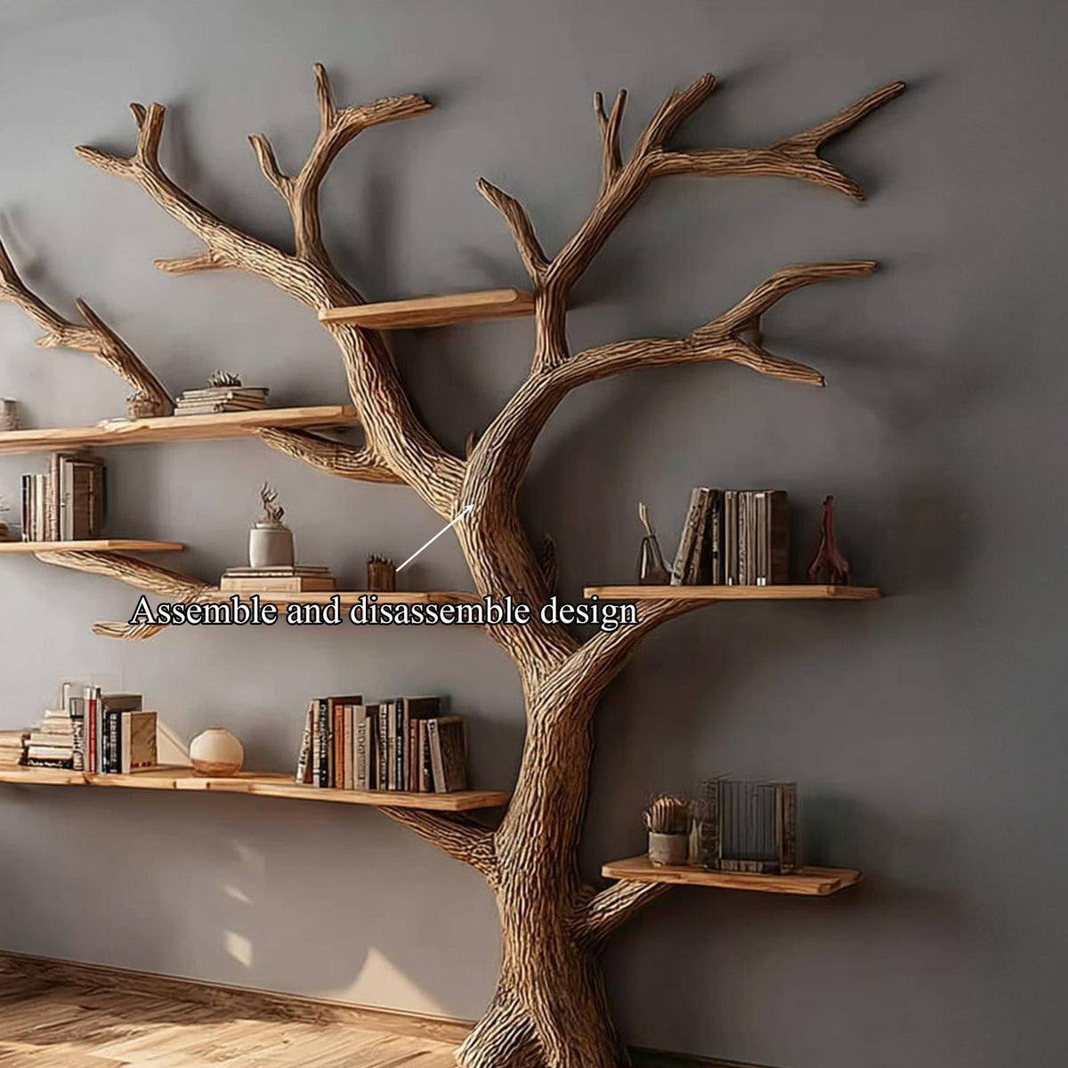 Rustic Artistic Tree Shelf, Solid Wood Wall Mounted Bookcase & Statement Wall Decor Organizer for Living Room & Study