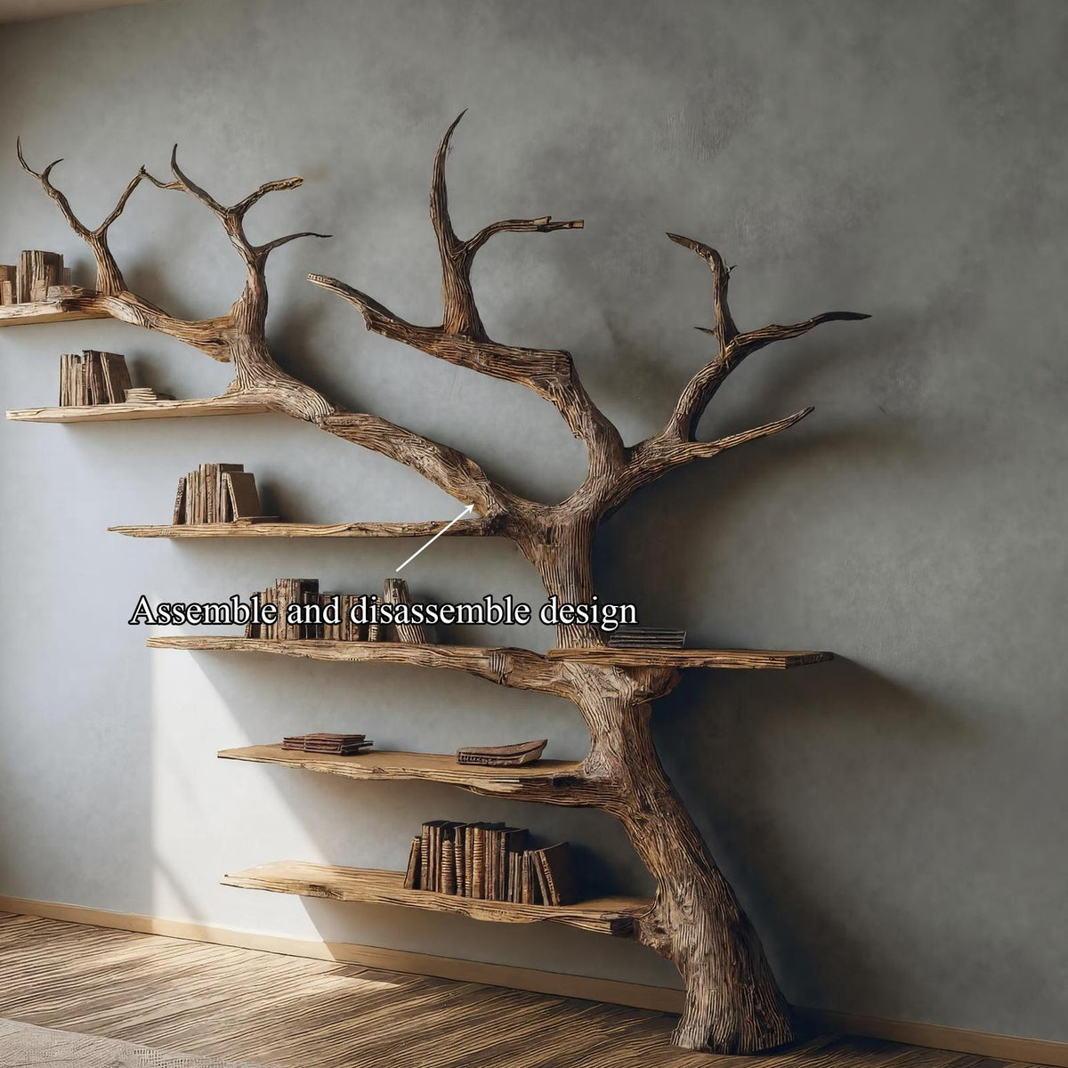 Rustic Branch Bookshelf, Handcrafted Solid Wood Wall Mounted Bookcase & Artistic Hanging Storage for Home Office Decor