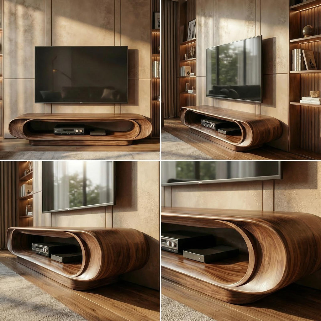 Modern Organic Curved TV Stand, Solid Wood Entertainment Unit Media Console for Living Room