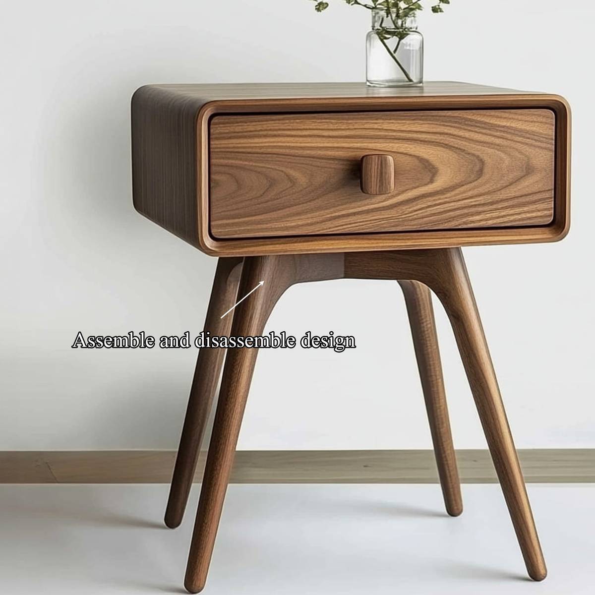 Mid Century Modern Wood Nightstand, Minimalist Bedroom Bedside Table with Drawer & Storage Shelf, Model