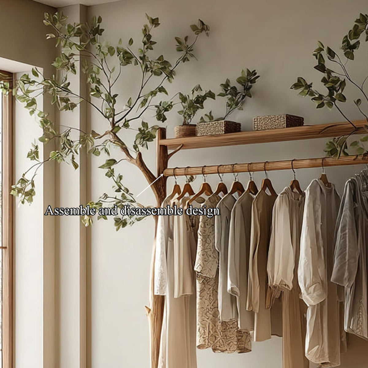Rustic Tree Clothes Rack Solid Wood Bedroom Organizer