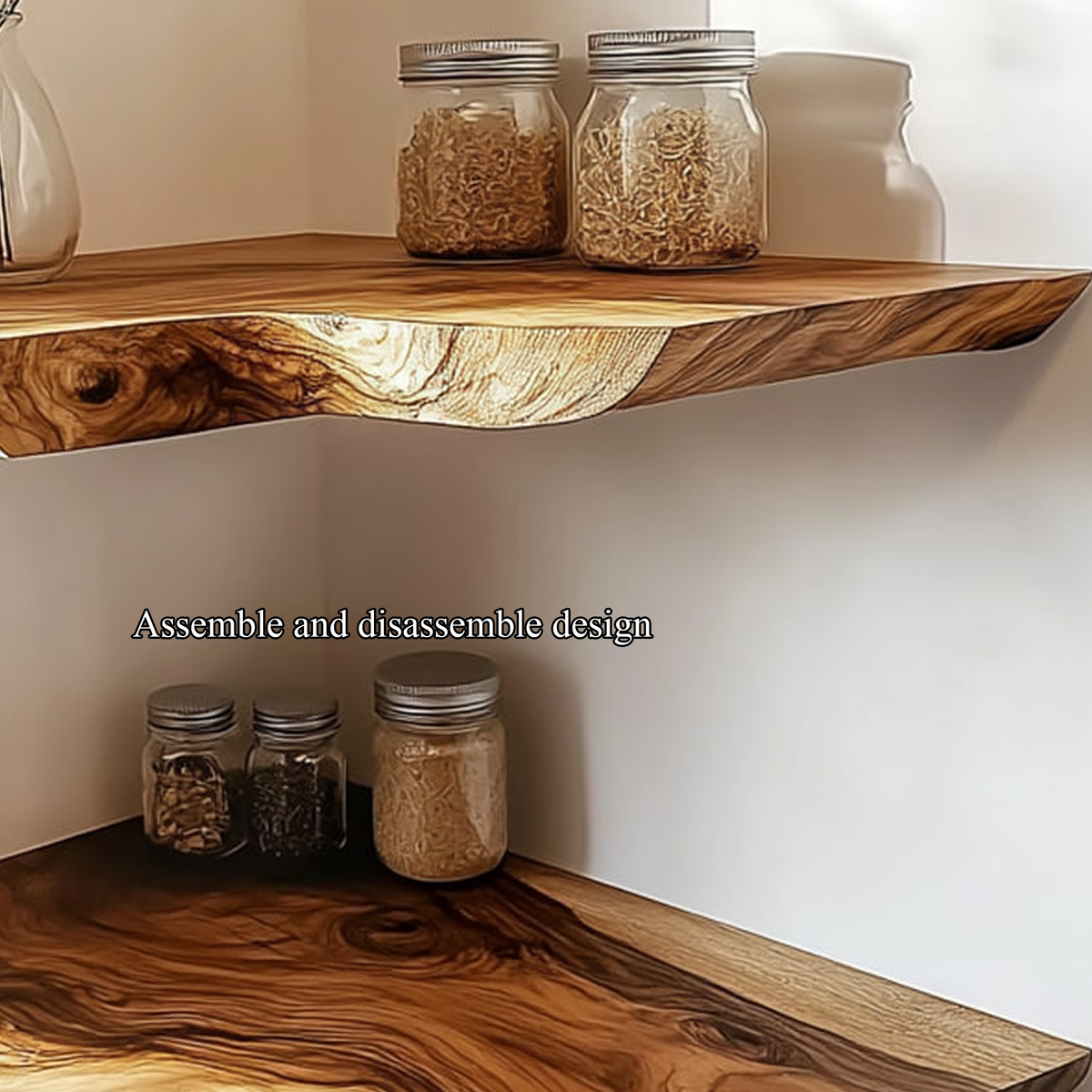 Rustic Live Edge Wood Corner Wall Shelf, Space-Saving Floating Kitchen Storage Rack & Dining Room Decor Display Ledge