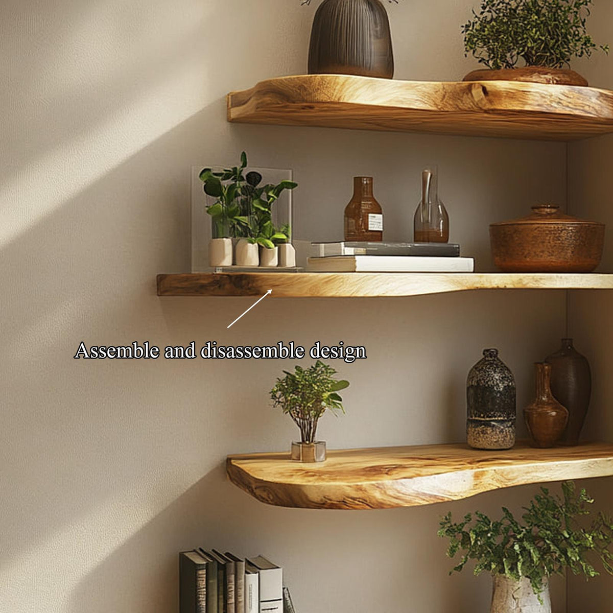 Rustic Live Edge Solid Wood Floating Display Shelf, Wall Mounted Decorative Organizer for Dining Room, Office, Living Room