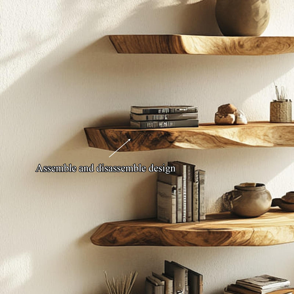 Rustic Live Edge Wood Floating Shelf, Wall Mounted Kitchen Spice Rack & Living Room Storage Organizer with Natural Edge
