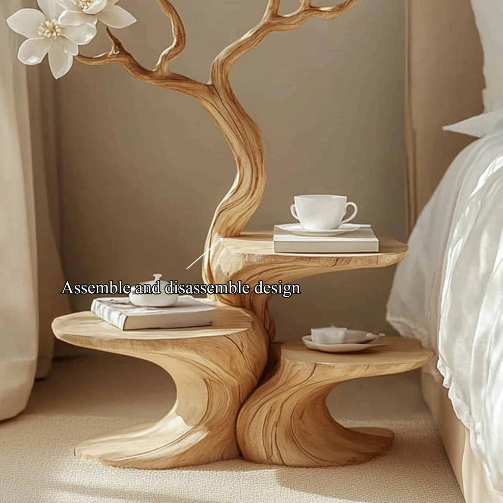 Handcrafted Rustic Flower Tree Bedside Table, Creative Wood Nightstand & Accent End Table for Bedroom, Entryway