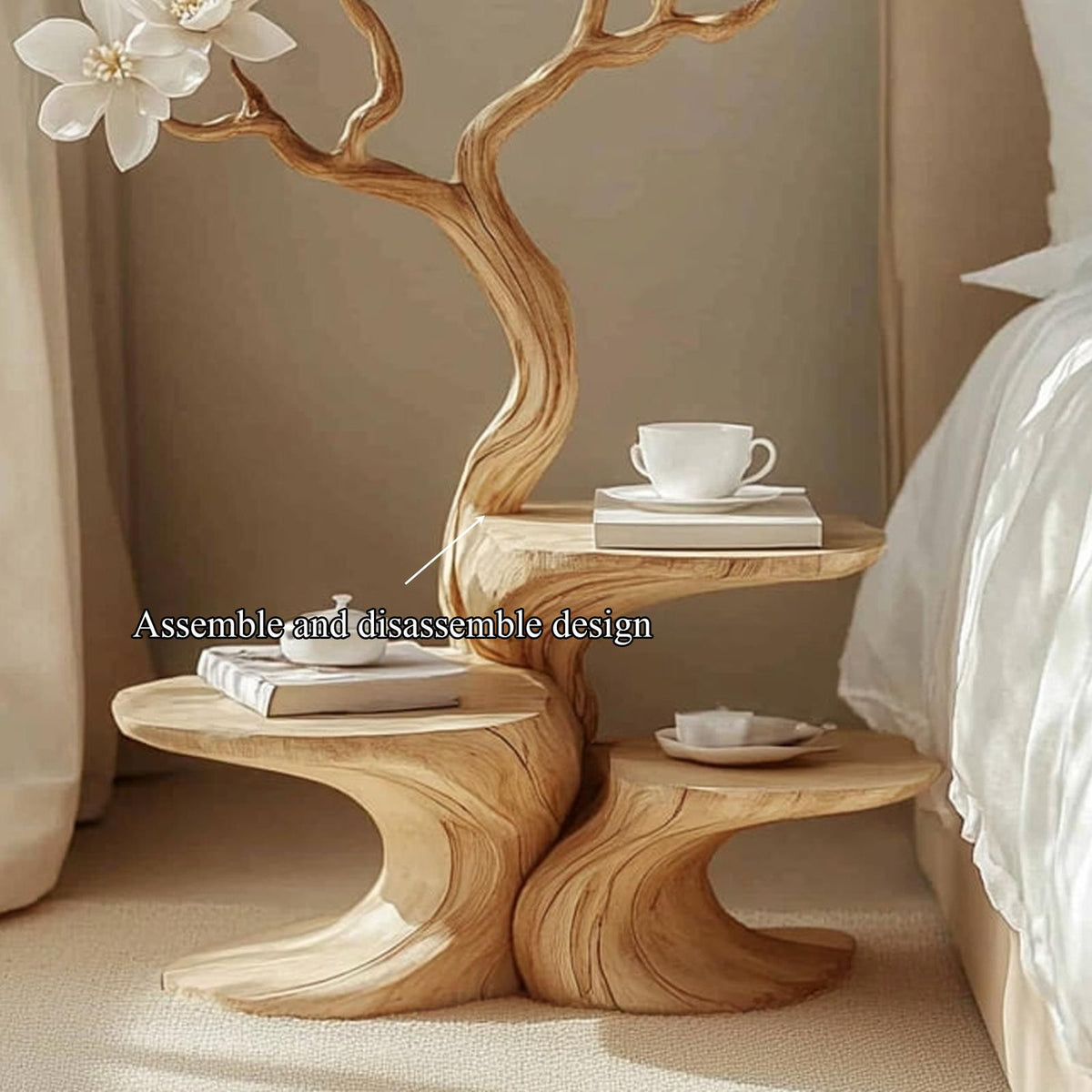 Handcrafted Rustic Flower Tree Bedside Table, Creative Wood Nightstand & Accent End Table for Bedroom, Entryway