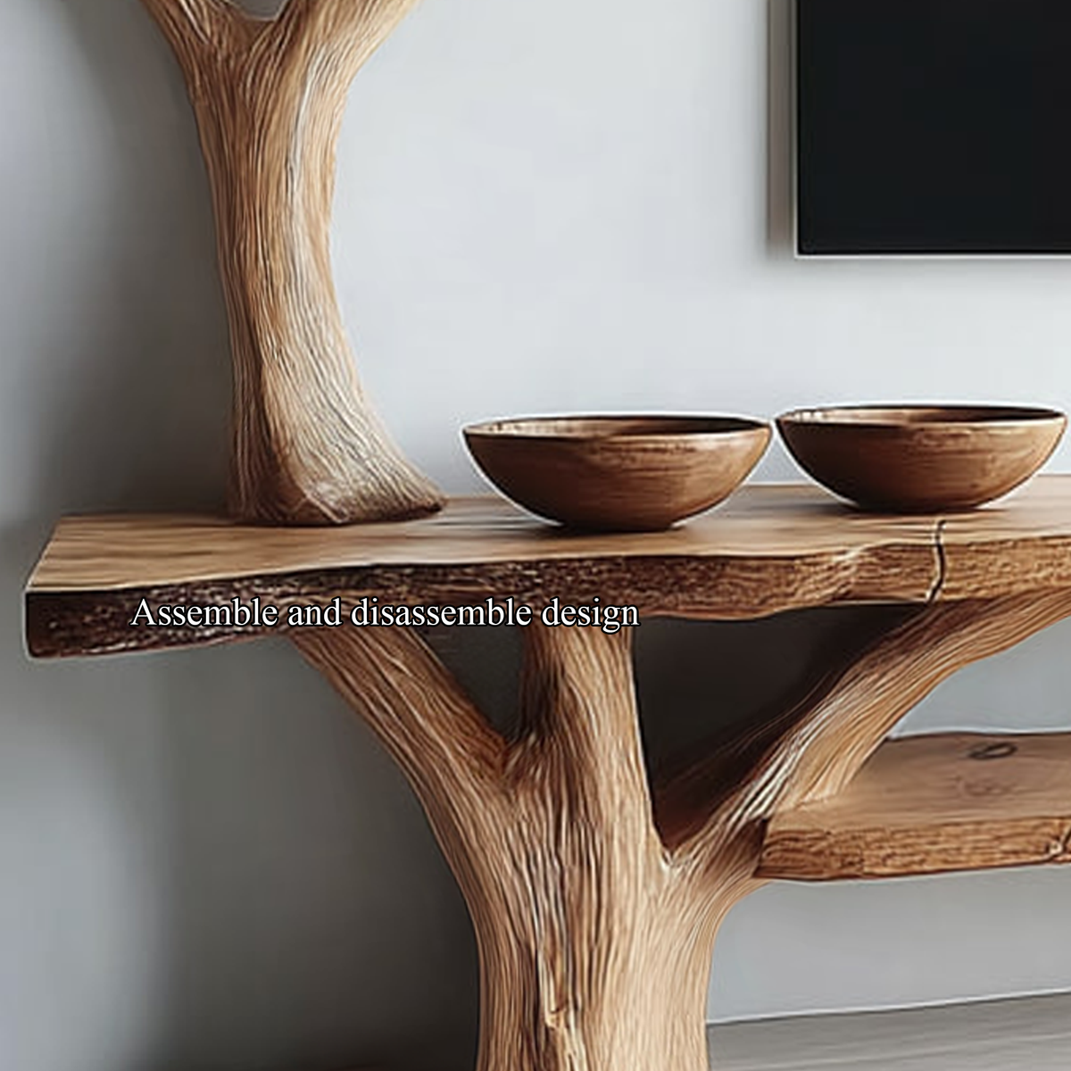 Rustic TV Console Table, Sculpted Solid Wood Base Media Stand, Handcrafted Credenza for Living Room