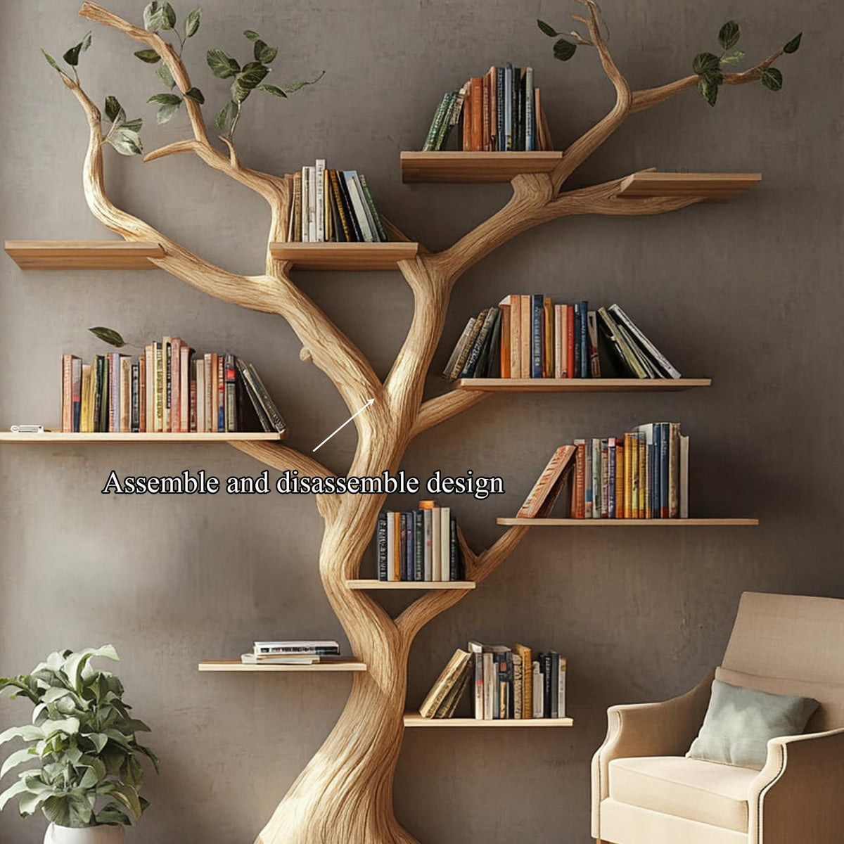 Rustic Solid Wood Wall Shelf, Large Decorative Tree Branch Floating Organizer & Bookcase for Living Room Wall Storage