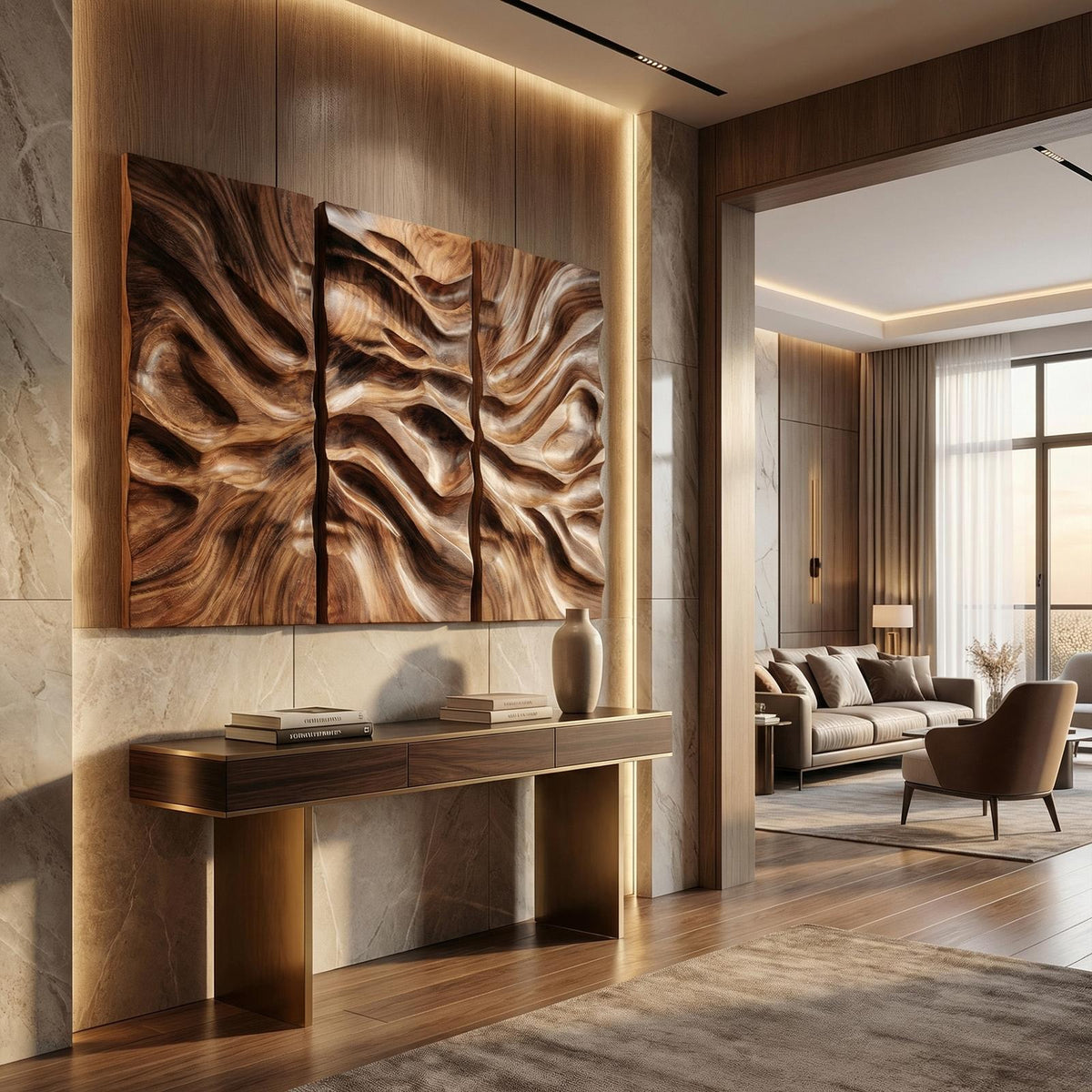 Modern Carved Wall Art, Handcrafted Textured Wooden Panel Hanging Decor for Living Room & Bedroom
