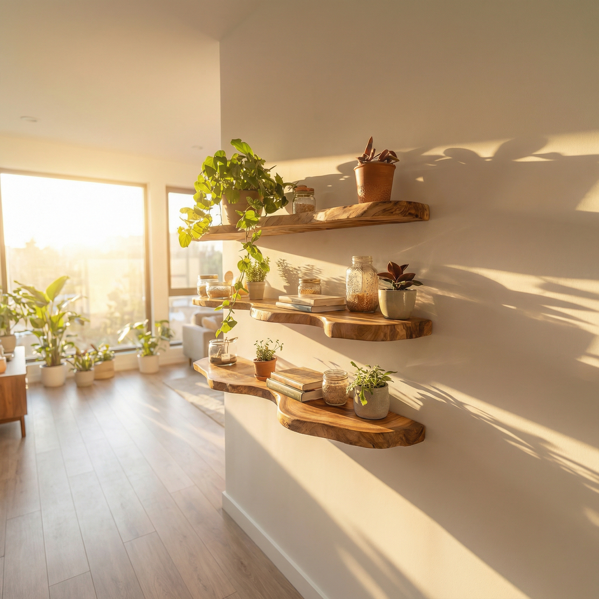 Modern Live Edge Floating Wall Shelves, Solid Wood Slab Display Ledges for Rustic Kitchen, Living Room & Bathroom