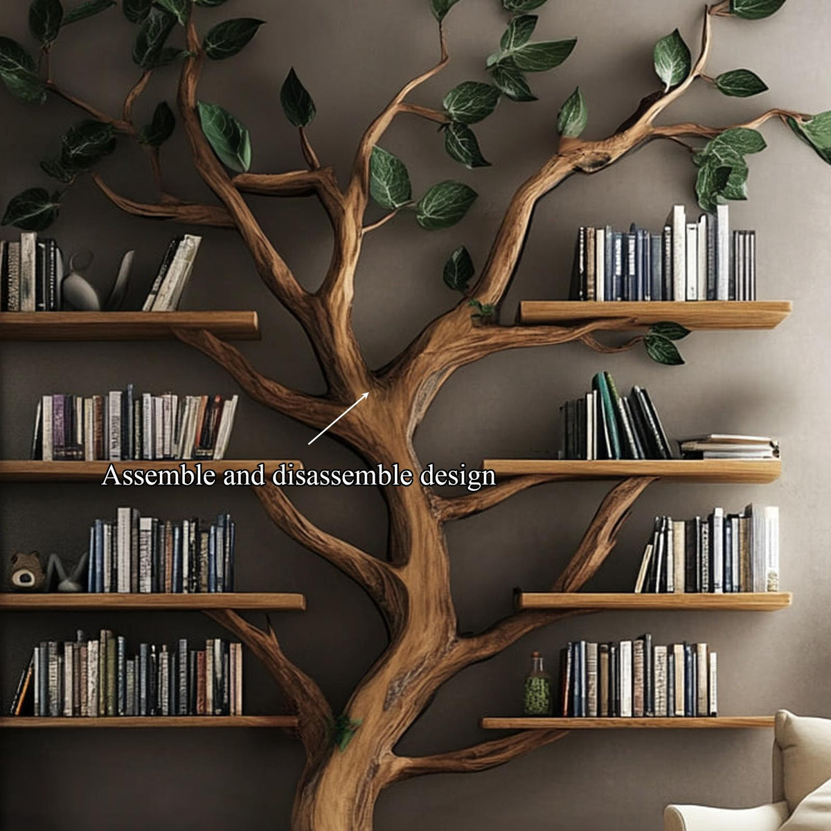 Rustic Tree Shaped Bookshelf, Handcrafted Solid Wood Wall Mounted Bookcase & Floating Display Shelf for Living Room Decor