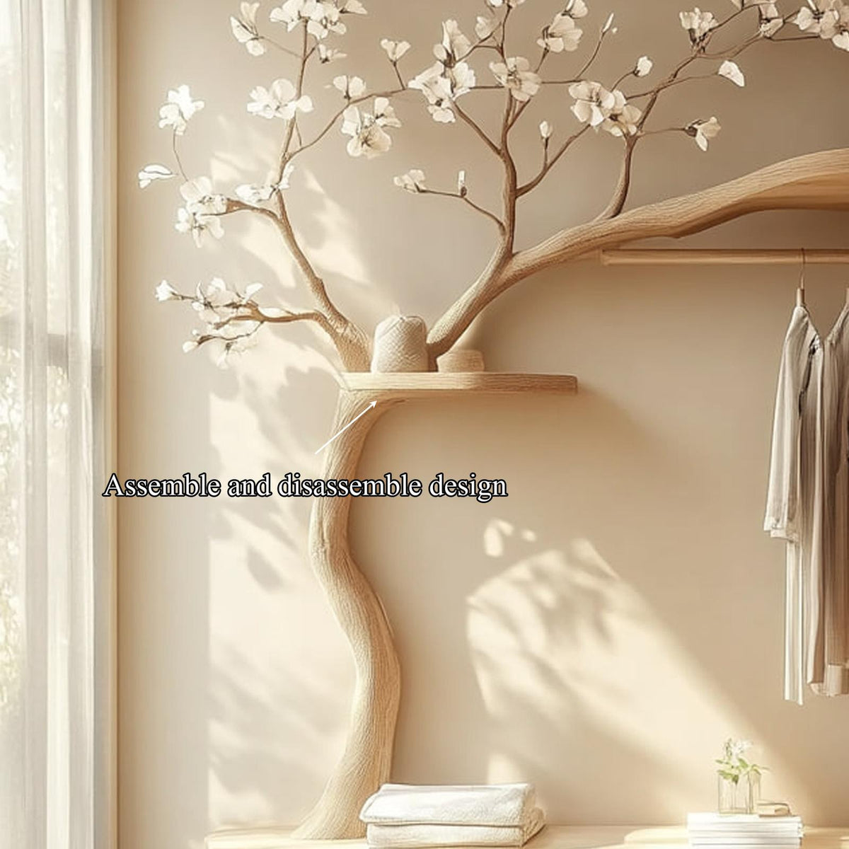 Scandinavian Wooden Tree Wardrobe, Handcrafted Solid Wood Clothes Drying Rack, Natural Coat Stand for Bedroom Decor