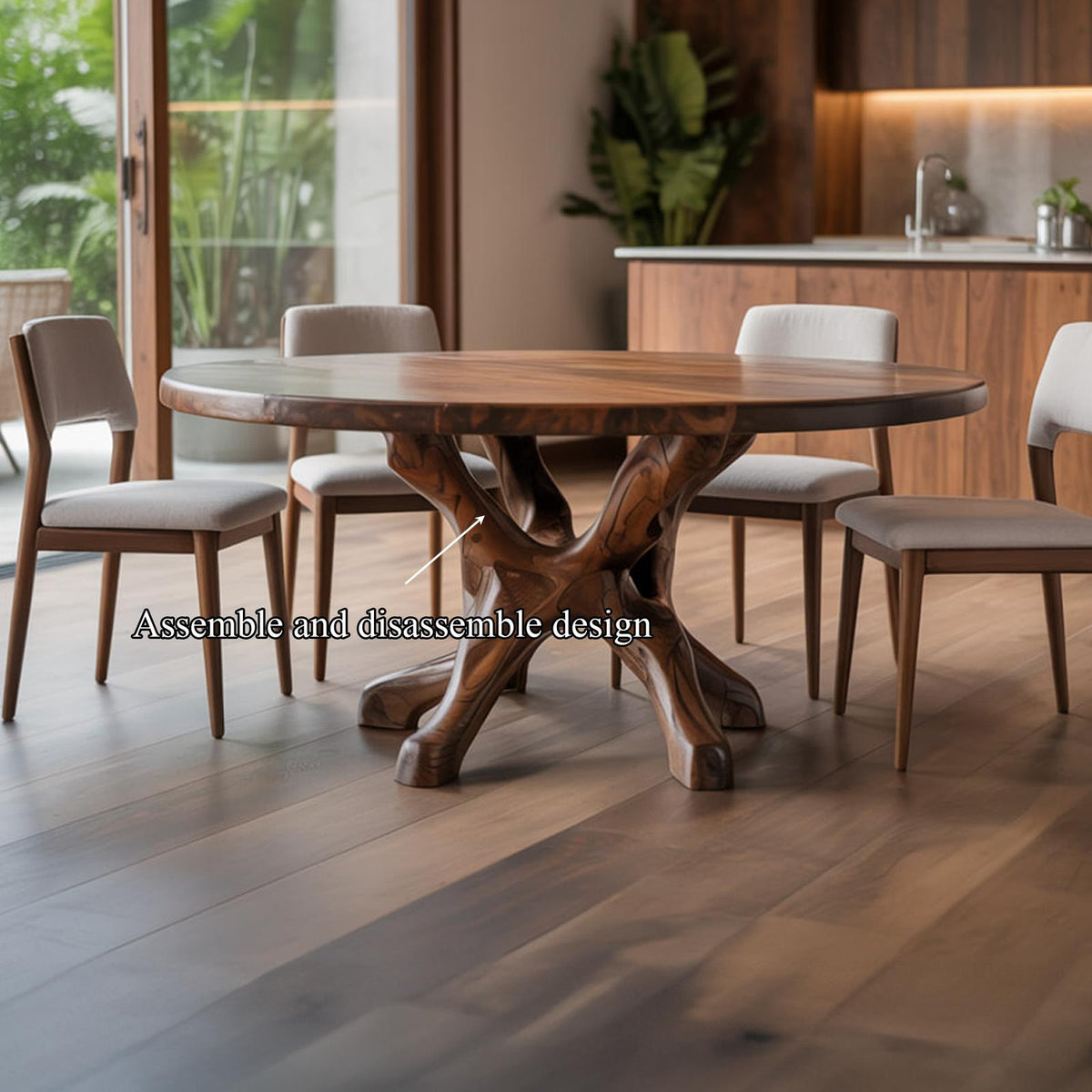 Rustic Live Edge Dining Table with Teak Root Base, Handcrafted Solid Wood Kitchen Table for Dining Room