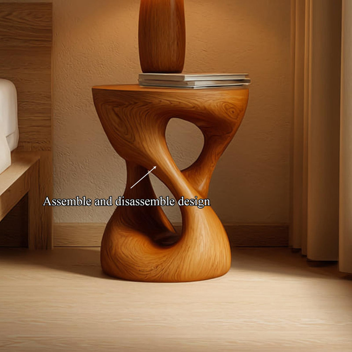Handcrafted Rustic Wood Sculptural Nightstand, Unique Bedside Table & Decorative End Table for Bedroom Decor