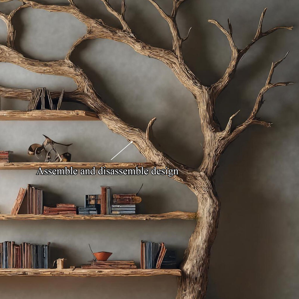Rustic Wall Mounted Tree Shelf, Solid Wood Floating Bookcase & Artistic Hanging Organizer Unit for Living Room Wall Decor
