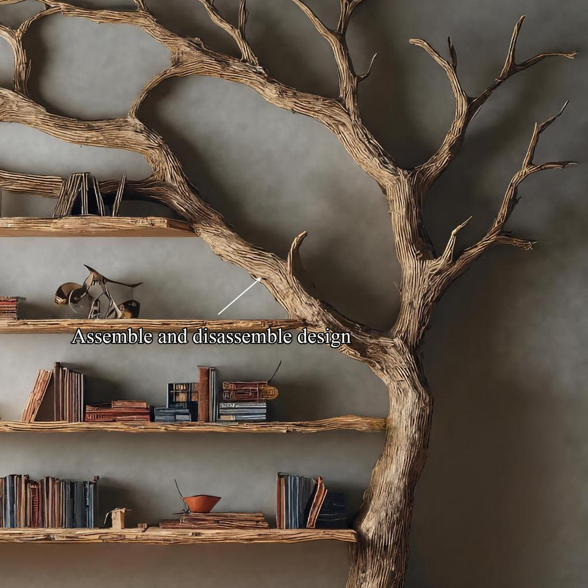 Rustic Wall Mounted Tree Shelf, Solid Wood Floating Bookcase & Artistic Hanging Organizer Unit for Living Room Wall Decor