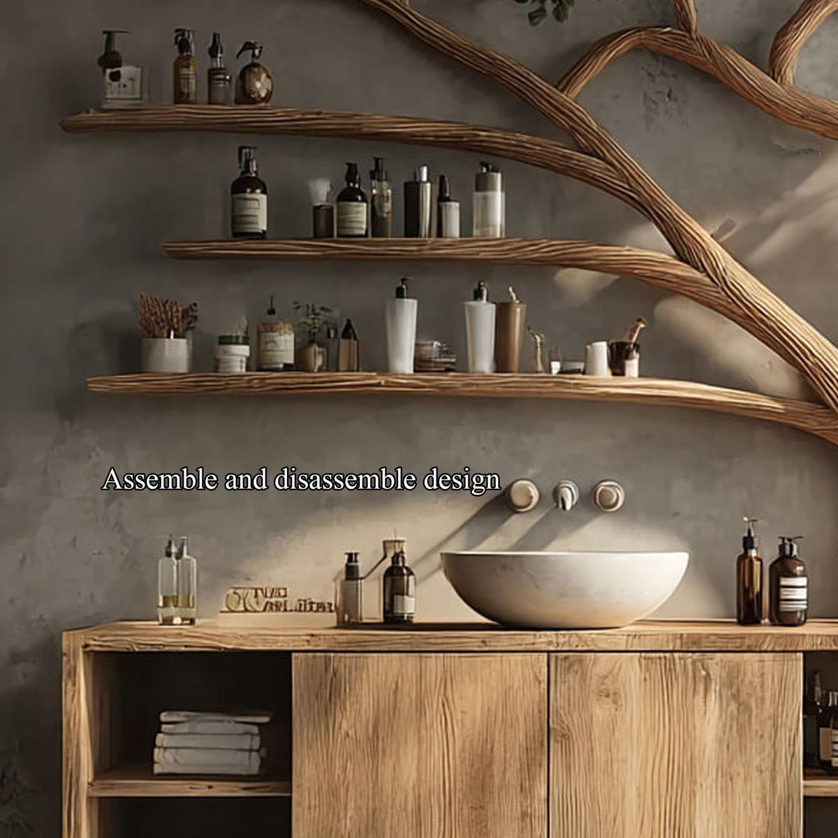Rustic Organic Tree Branch Wall Mounted Vanity, Live Edge Wood Floating Bathroom Sink Stand, Model