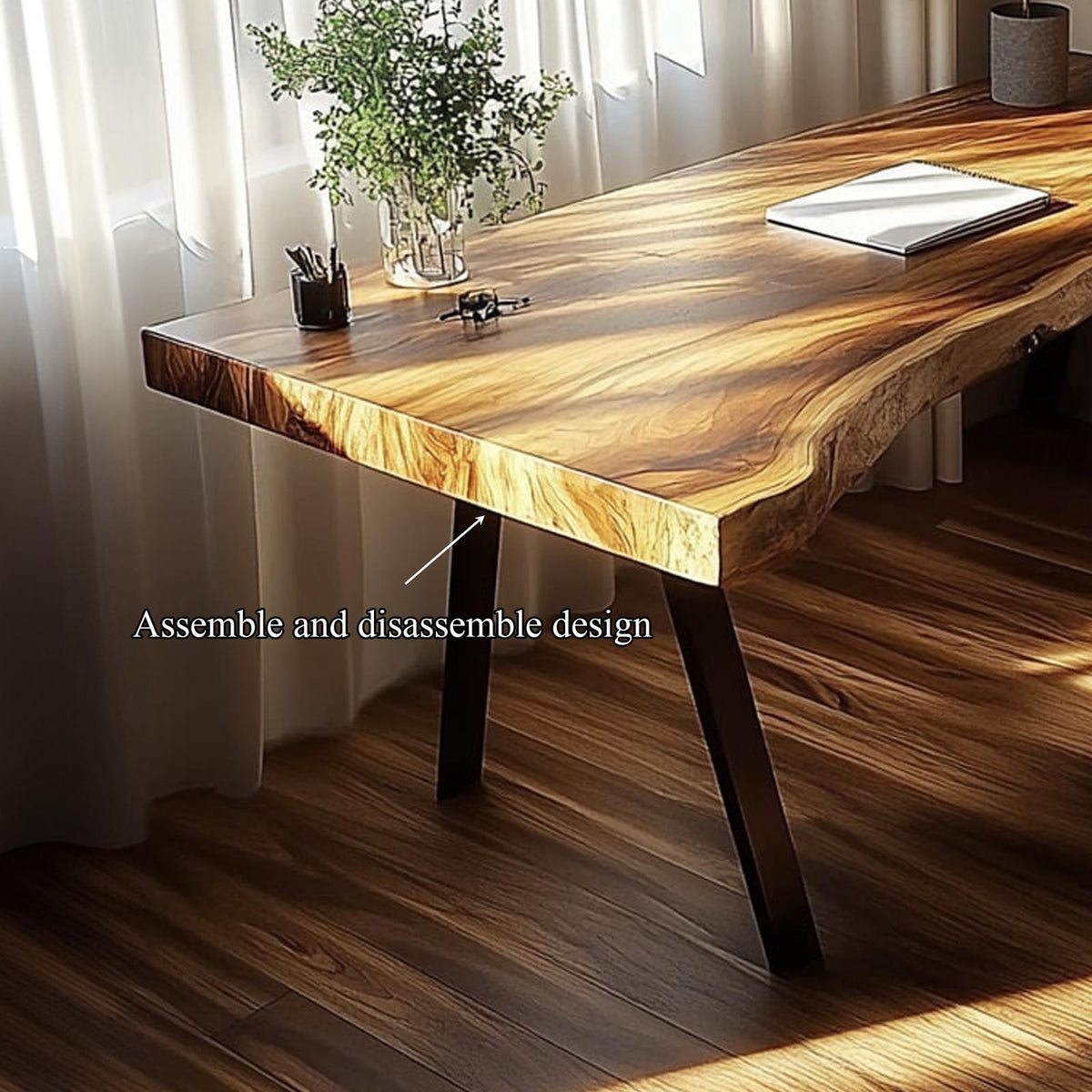 Rustic Live Edge Modern Desk, Solid Wood Computer Writing Table for Living Room & Home Office Study, Steel Legs